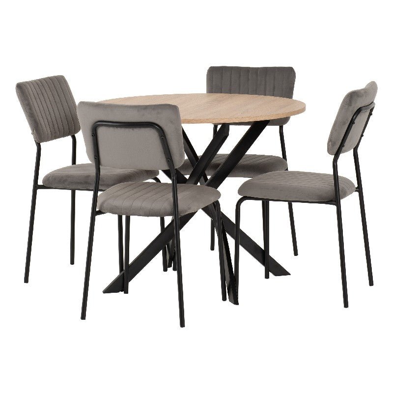 Sheldon Round Wooden Dining Set with 4 Velvet Chairs - Seconique