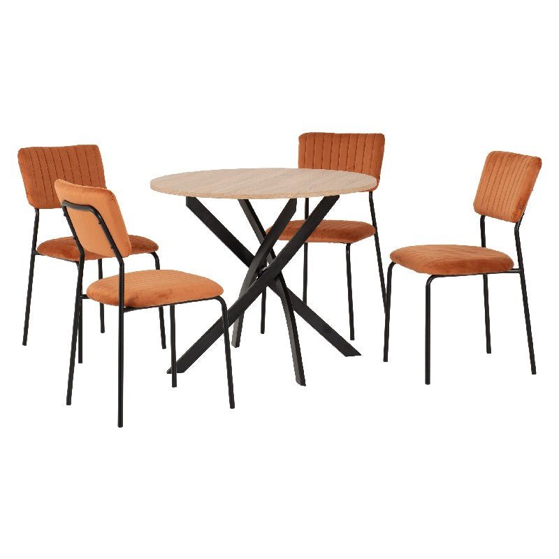 Sheldon Round Wooden Dining Set with 4 Velvet Chairs - Seconique
