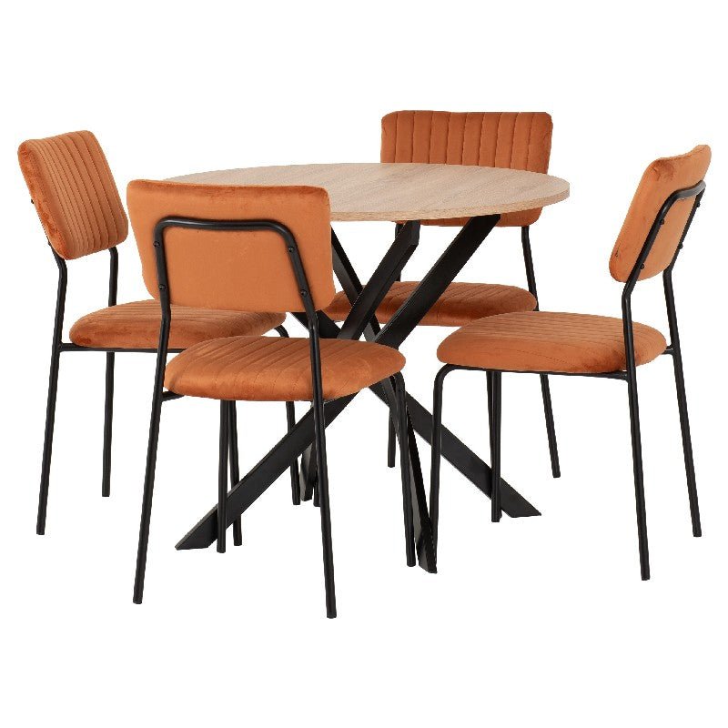 Sheldon Round Wooden Dining Set with 4 Velvet Chairs - Seconique
