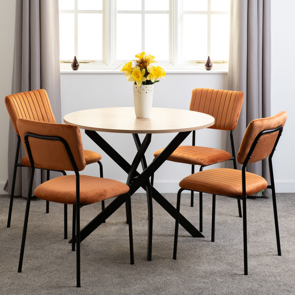 Sheldon Round Wooden Dining Set with 4 Velvet Chairs - Seconique