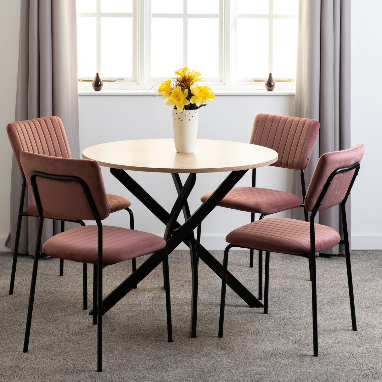 Sheldon Round Wooden Dining Set with 4 Velvet Chairs - Seconique