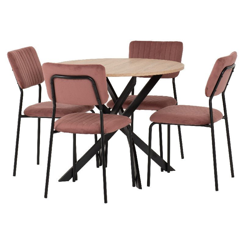 Sheldon Round Wooden Dining Set with 4 Velvet Chairs - Seconique