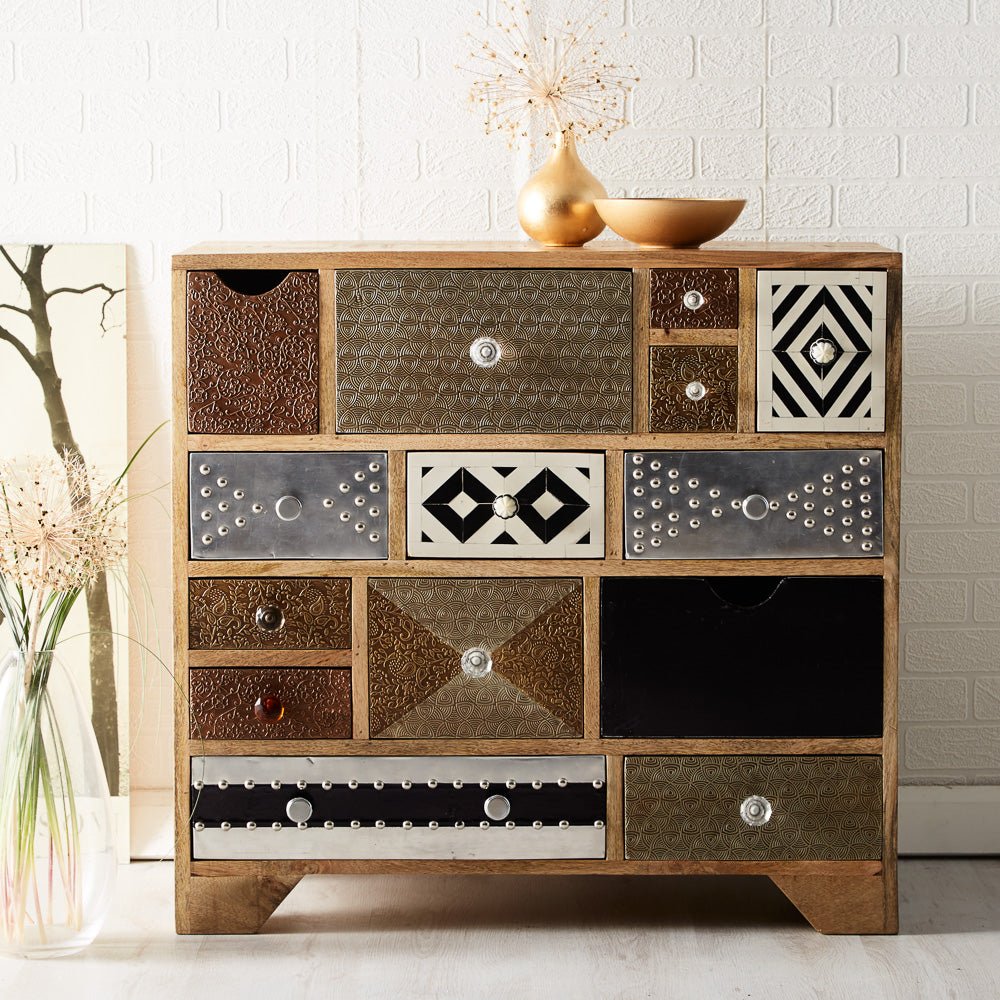 Sorio Reclaimed Wood and Metal 14 Drawer Chest - Indian Hub