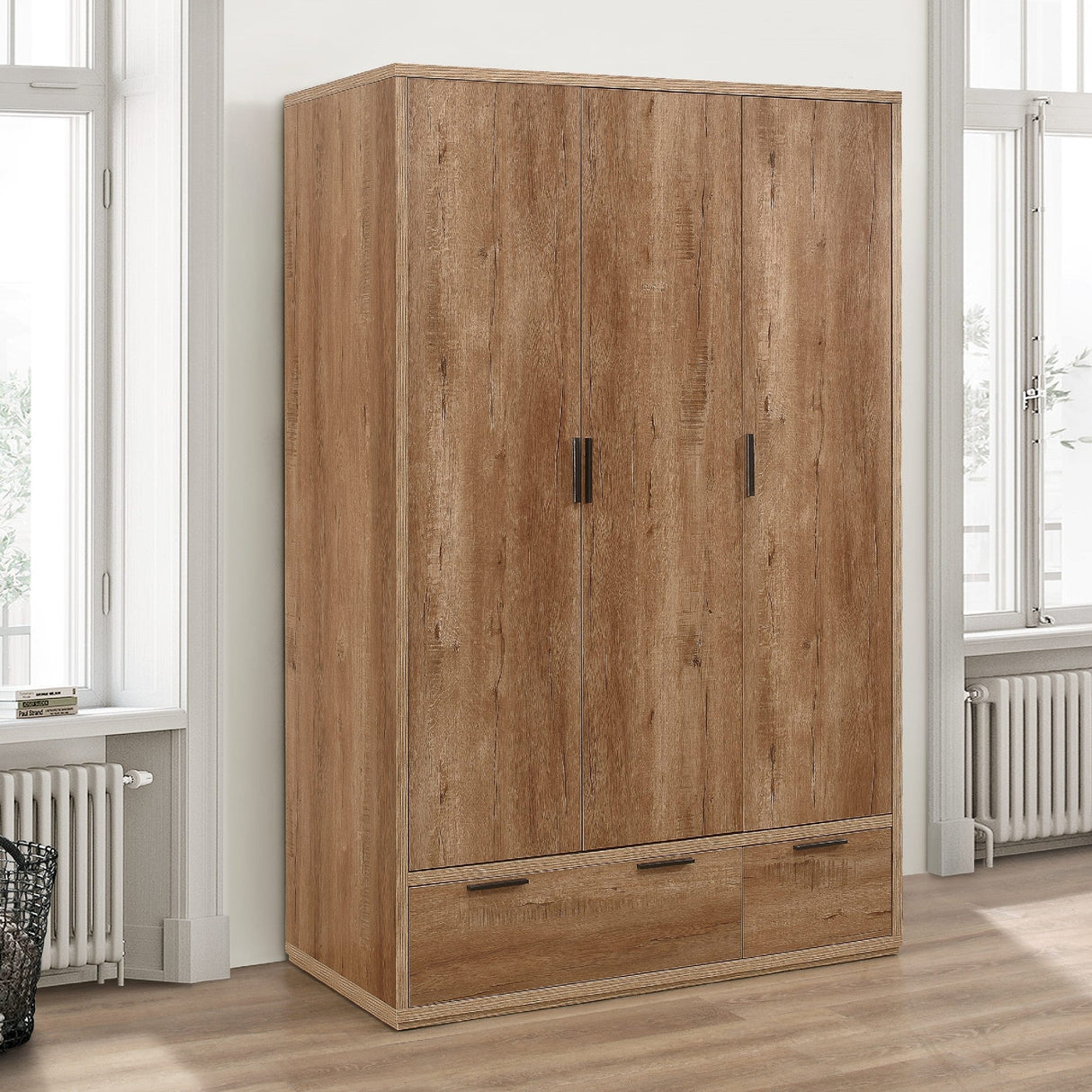 Stockwell Rustic 3 Door 2 Drawer Wardrobe - Birlea
