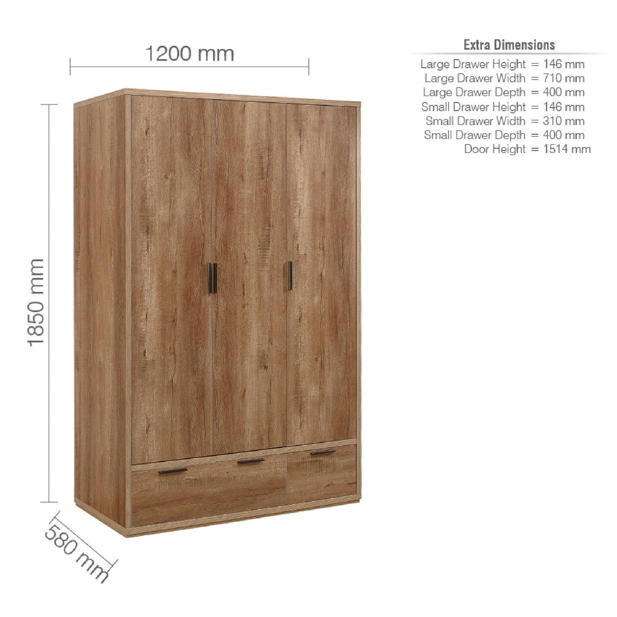 Stockwell Rustic 3 Door 2 Drawer Wardrobe - Birlea
