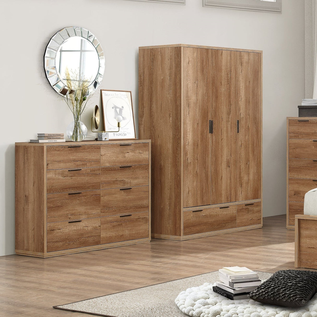Stockwell Rustic 3 Door 2 Drawer Wardrobe - Birlea