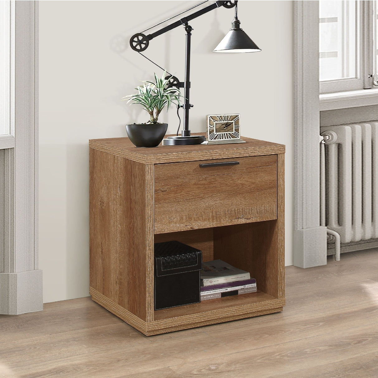 Stockwell Rustic Oak 1 Drawer Open Shelf Bedside - Birlea