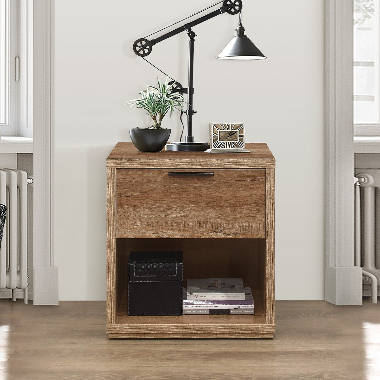 Stockwell Rustic Oak 1 Drawer Open Shelf Bedside - Birlea