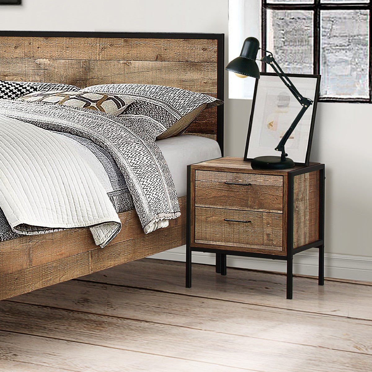 Urban Rustic Industrial 2 Drawer Bedside Table - Birlea