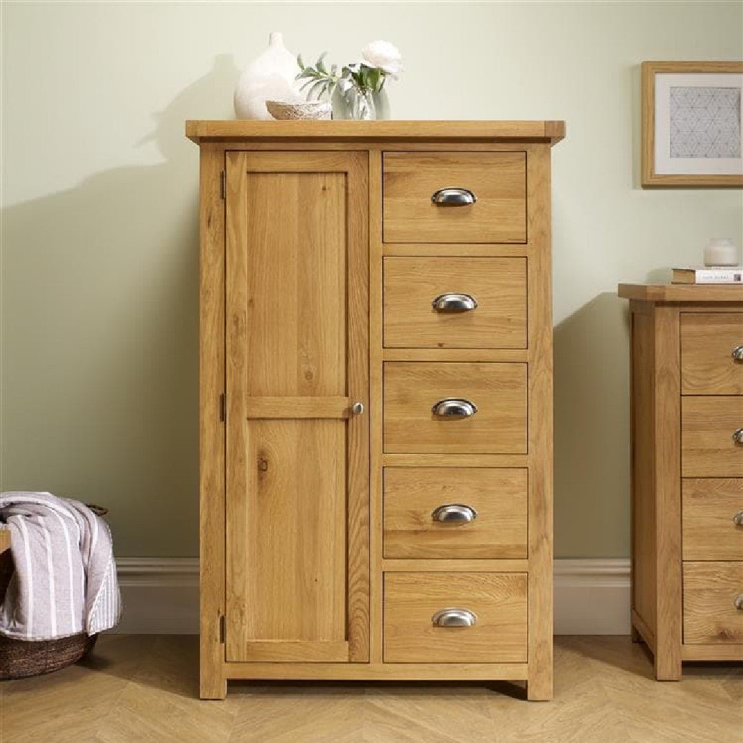 Woburn Solid Oak 1 Door 5 Drawer Wardrobe - Birlea