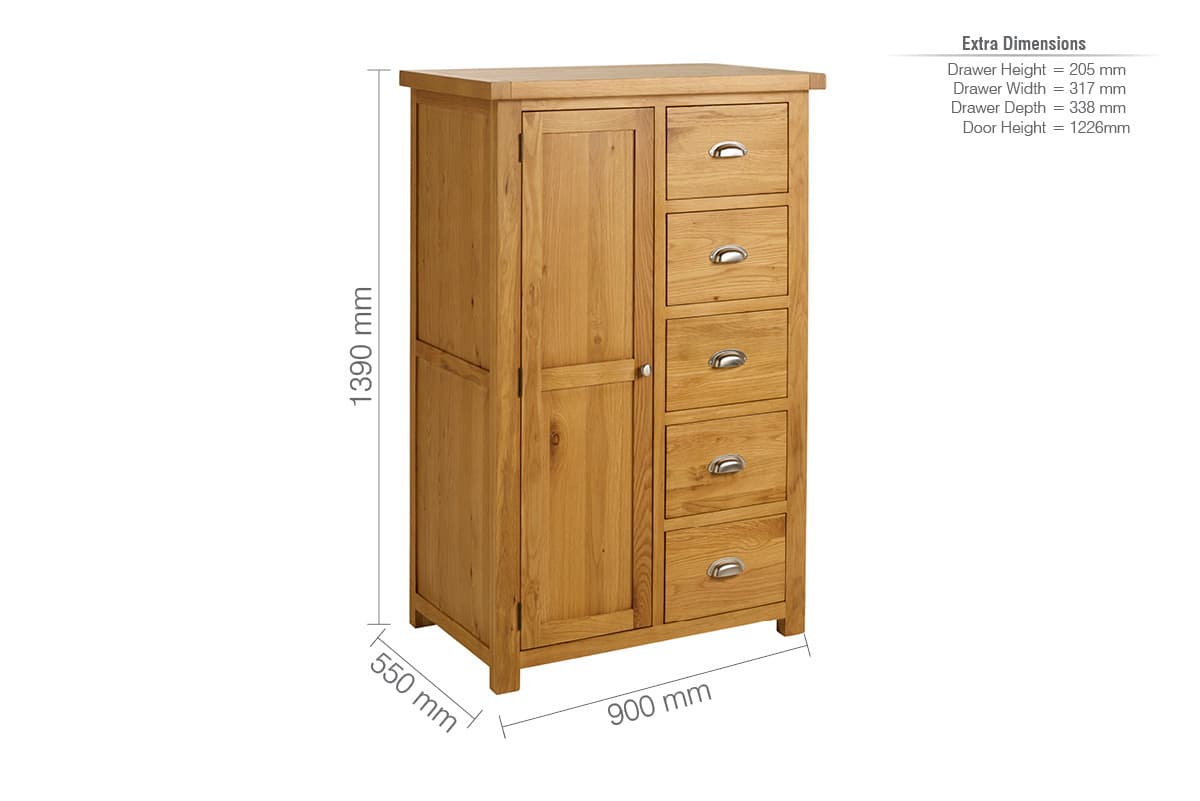 Woburn Solid Oak 1 Door 5 Drawer Wardrobe - Birlea