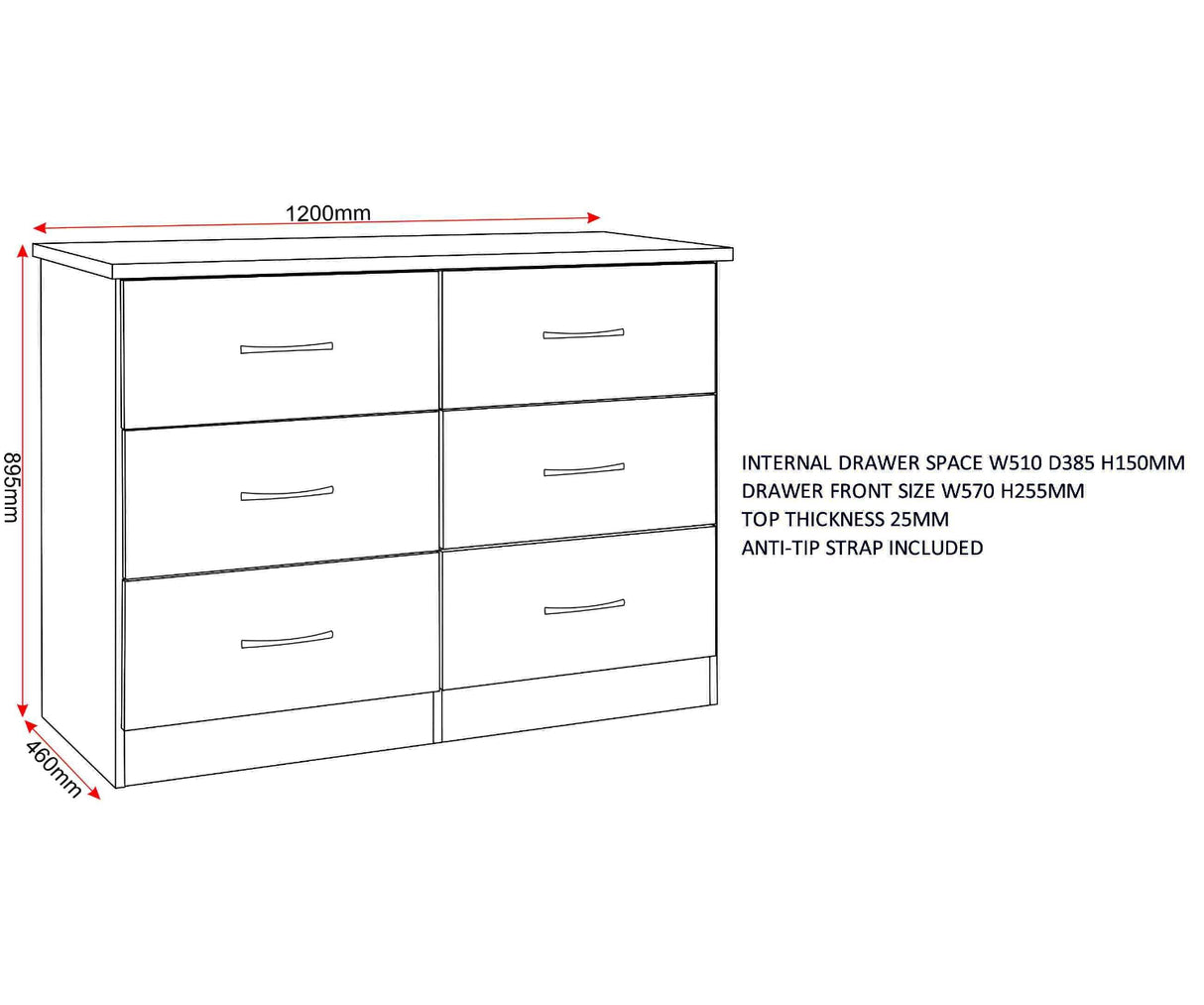 Nevada 6 Drawer Chest of Drawers