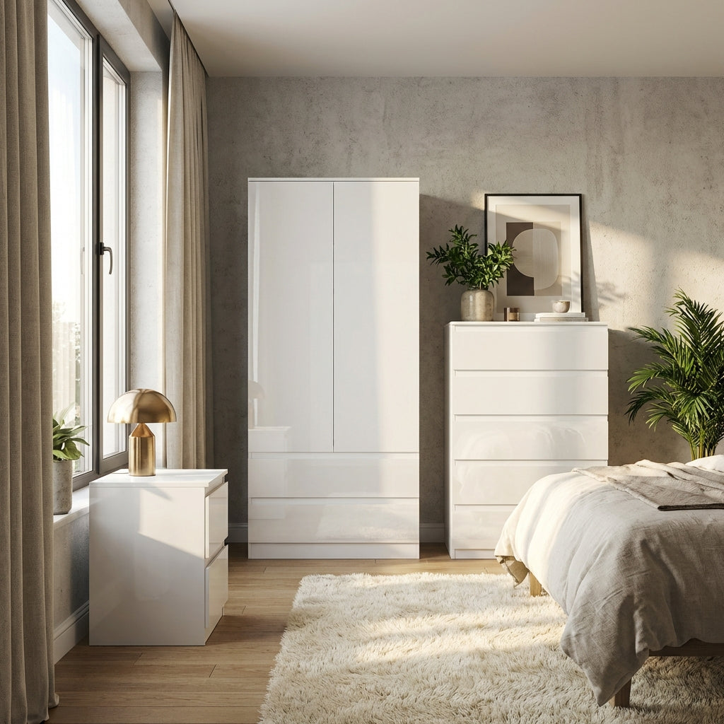 Soho 2 Door Wardrobe, 5 Drawer Chest & Bedside Table Bedroom Set
