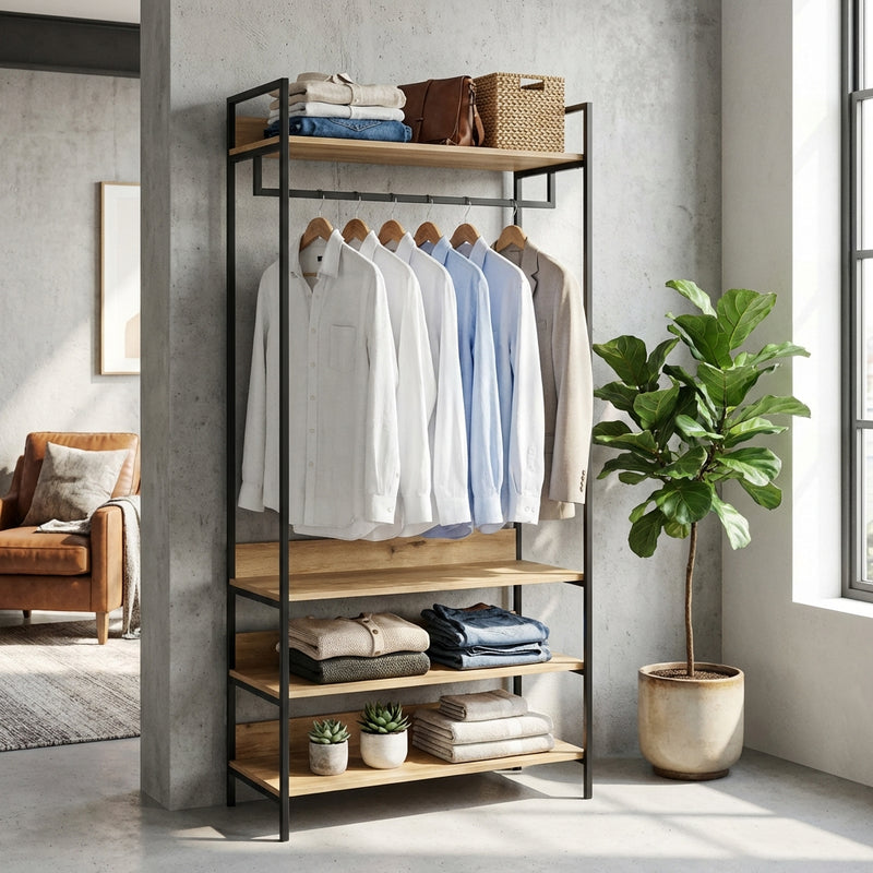 Alva open wardrobe with clothes rail and 4 shelves in oak effect