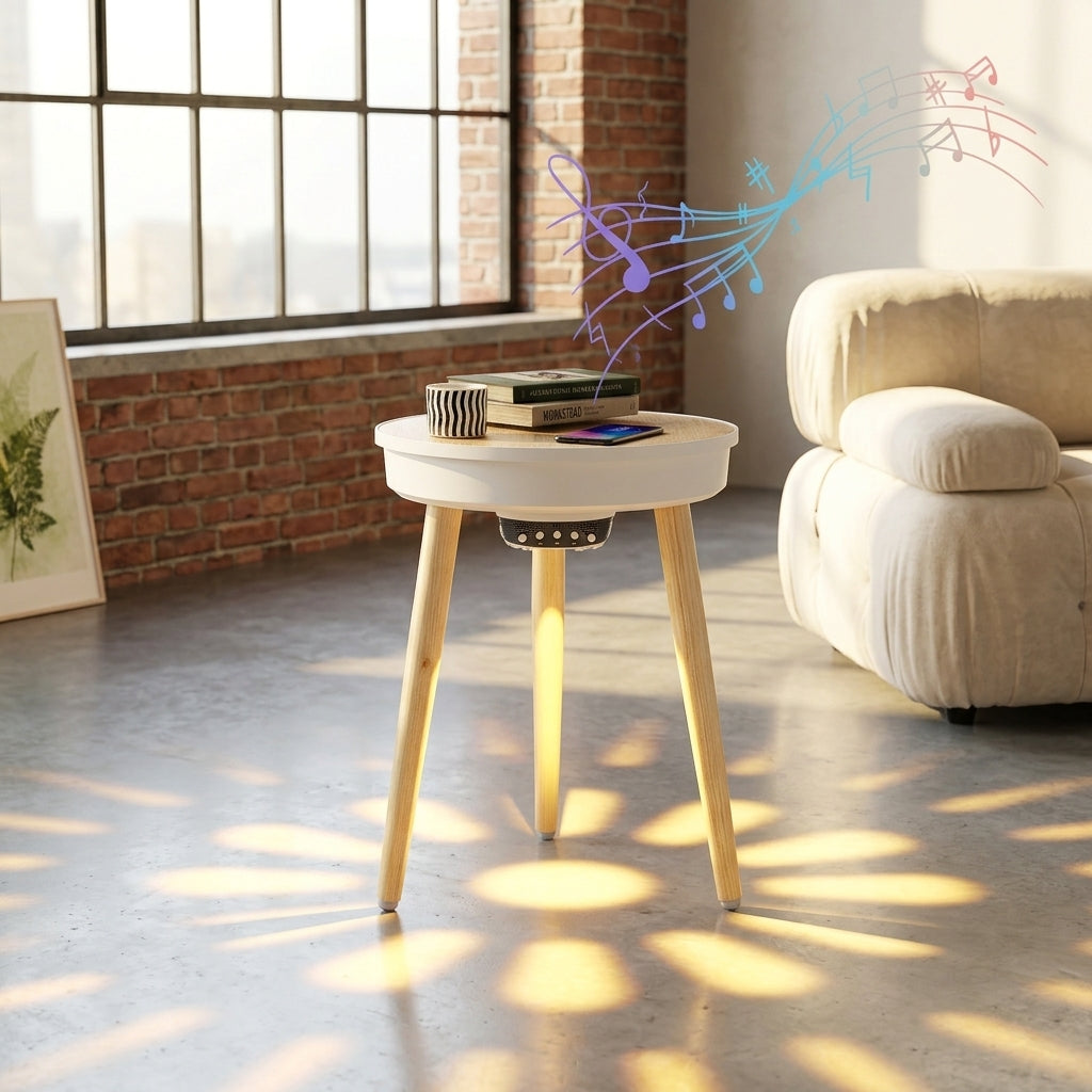Bluetooth Speaker Side Table with 360° Sound & LED Light
