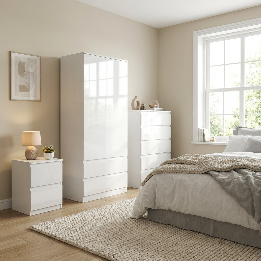 Soho 2 Door Wardrobe, 5 Drawer Chest & Bedside Table Bedroom Set
