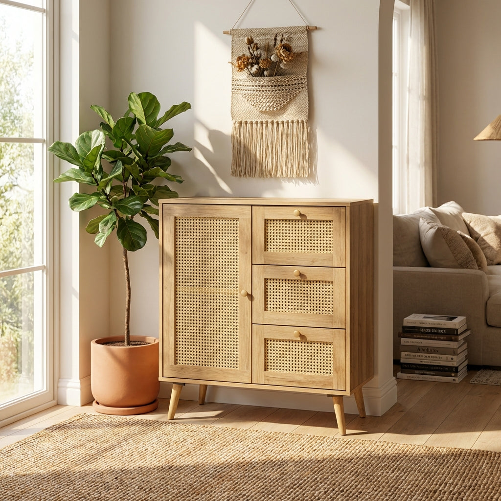 Manila Rattan Compact 1 Door 3 Drawer Small Sideboard – Own Furniture
