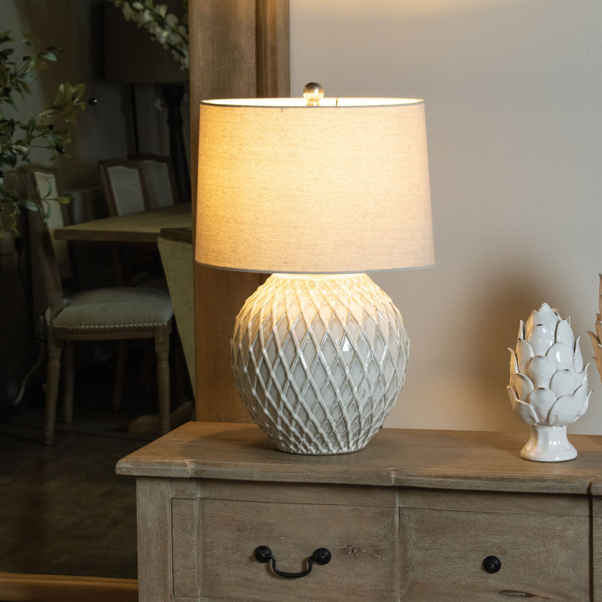 Lattice Ceramic Table Lamp with Linen Shade