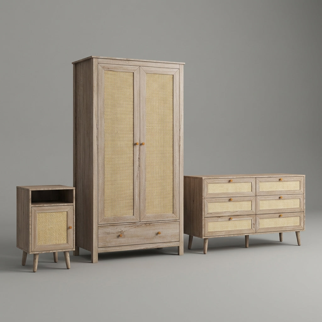 Willow Rattan 2 Door Wardrobe 3 Piece Bedroom Set