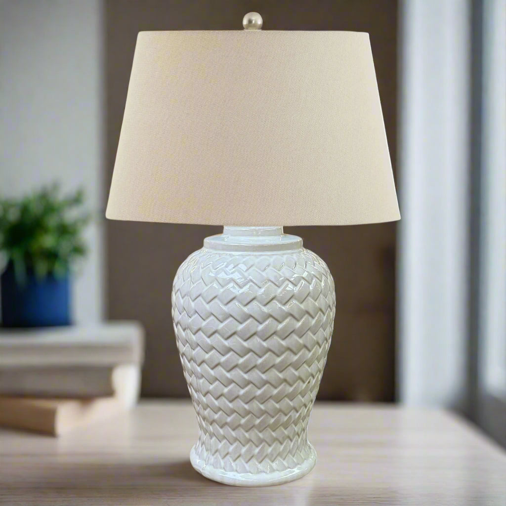 Woven Ceramic Table Lamp with Linen Shade