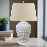 Woven Ceramic Table Lamp with Linen Shade