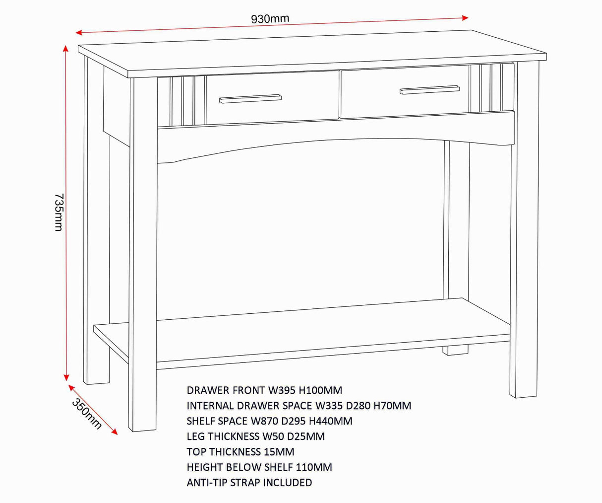 Tessa 2 Drawer Console Table