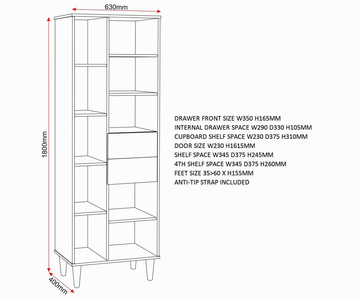 Tessa 1 Door 2 Drawer Bookcase Storage Cupboard