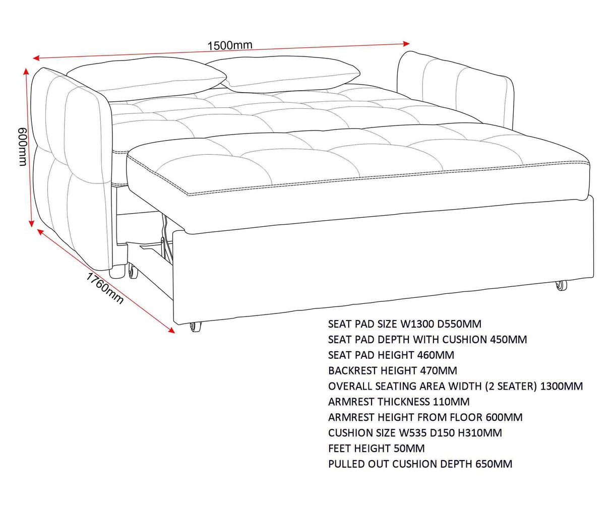 Chelsea 2 Seater Fold Out Sofa Bed