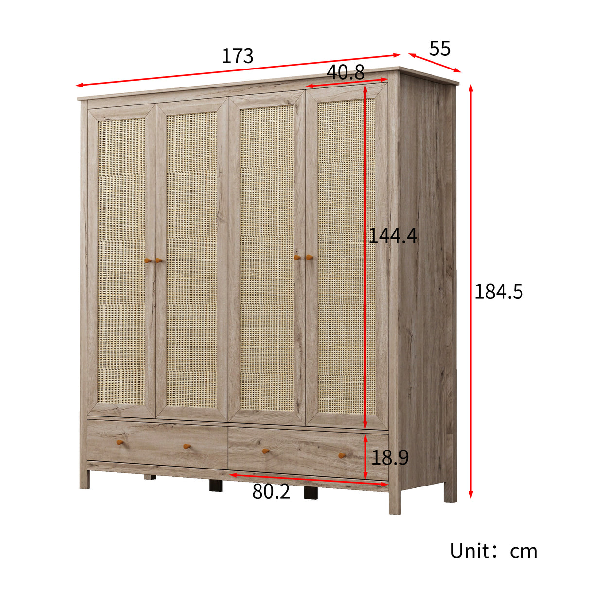 Willow Rattan 4 Door Wardrobe with 2 Drawers