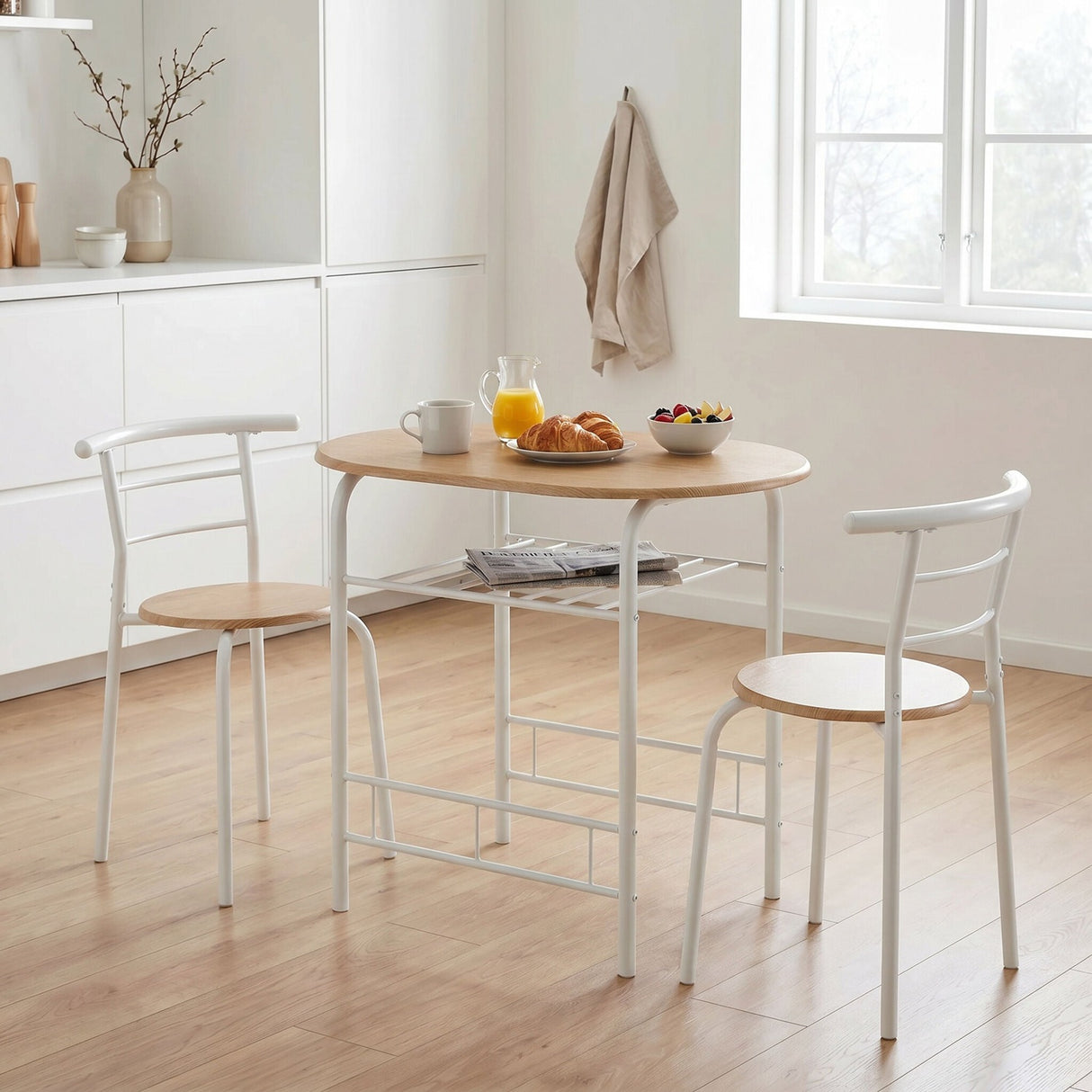 White and oak compact dining table set with two chairs