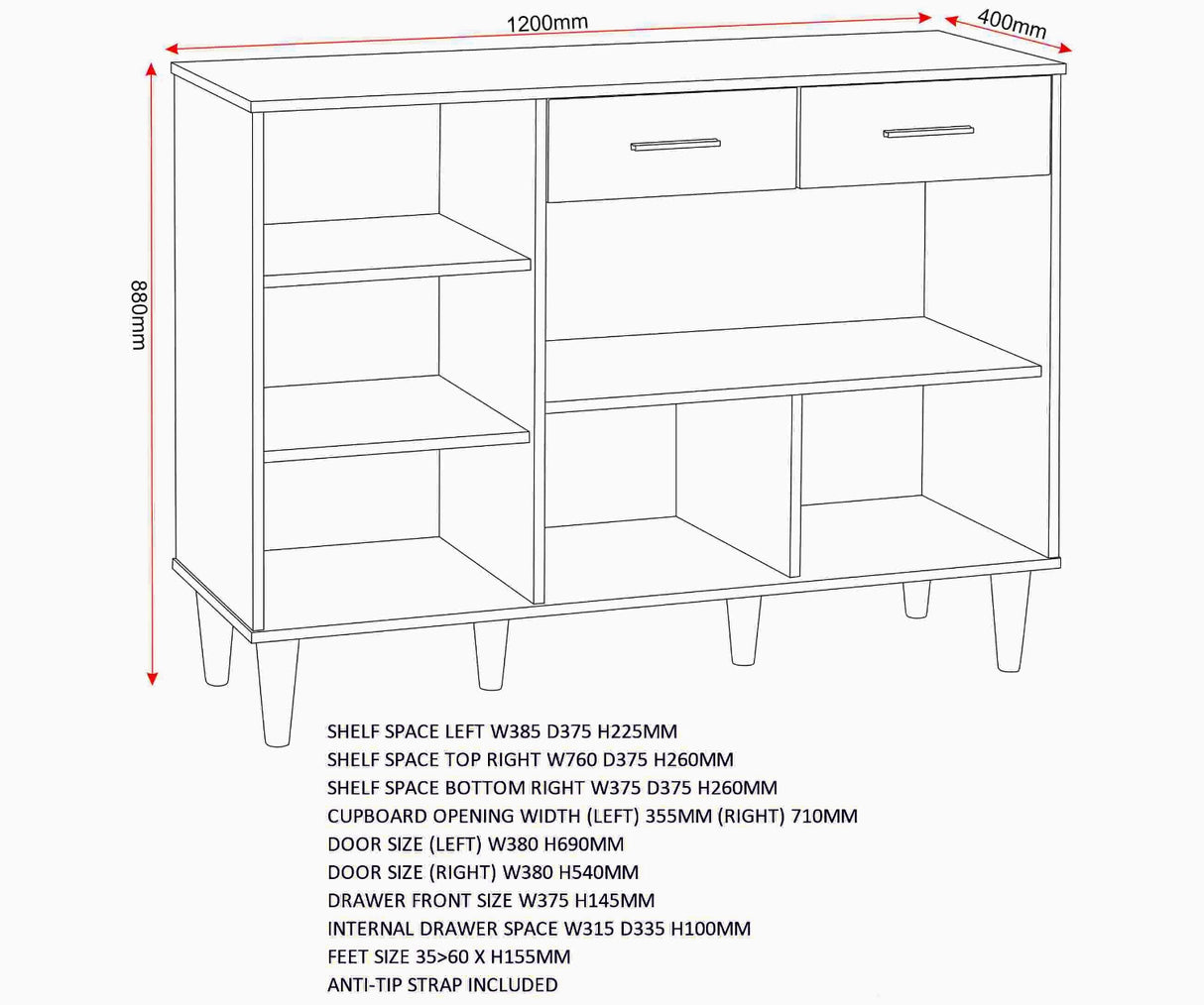 Tessa 3 Door 2 Drawer Sideboard