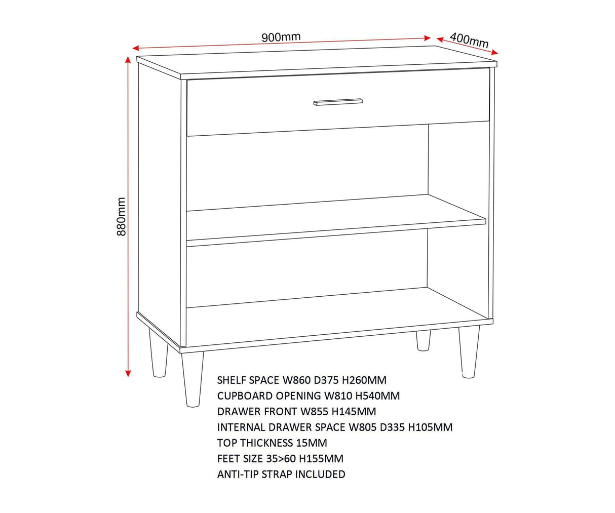 Tessa 2 Door 1 Drawer Sideboard