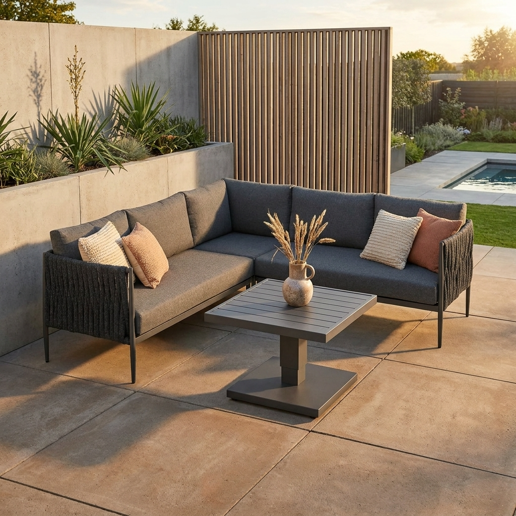 Serena Rattan Rope Corner Sofa and Rising Table Garden Set with Cover
