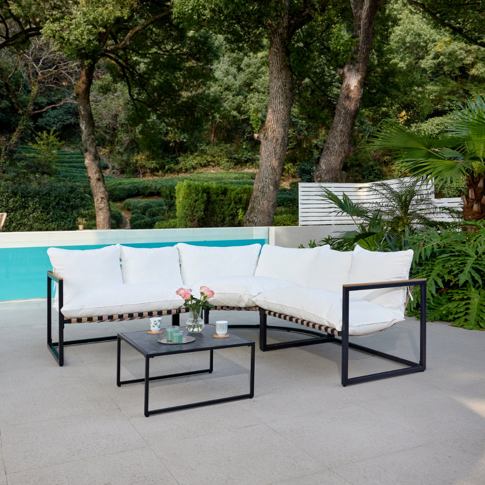 Marbella Corner Garden Sofa with Ivory Cushions and Table