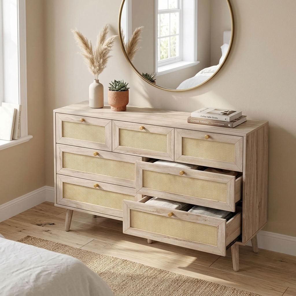 Willow rattan bedroom chest with seven storage drawers