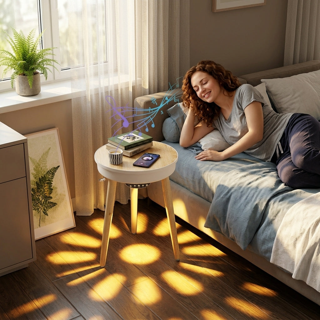 Bluetooth Speaker Side Table with 360° Sound & LED Light