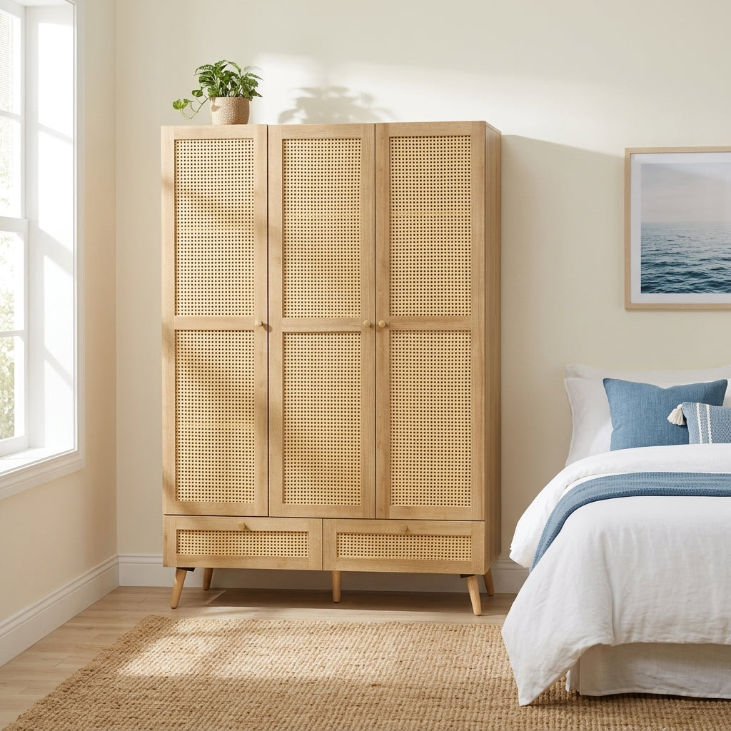 Oak effect triple wardrobe with PVC rattan doors and two drawers