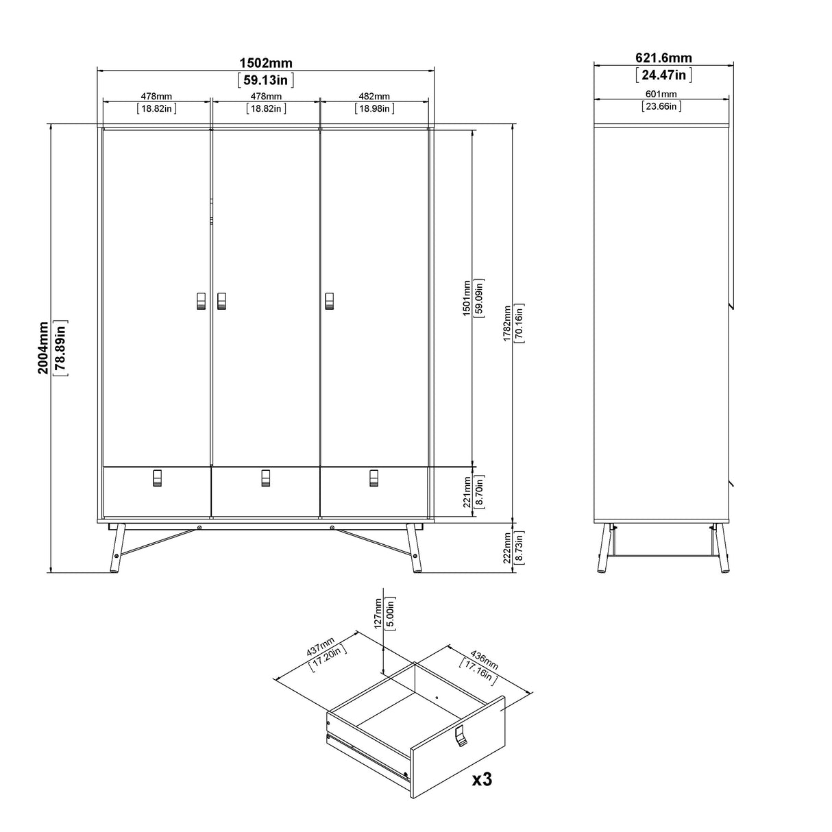 Winslow Rustic Wardrobe with 3 Doors & 3 Drawers