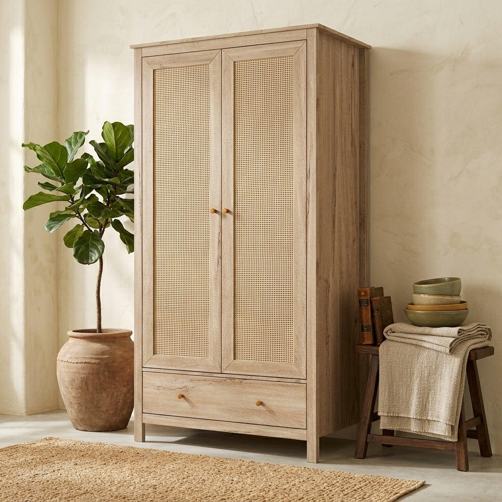 Willow Rattan 2 Door Double Wardrobe with 1 Drawer