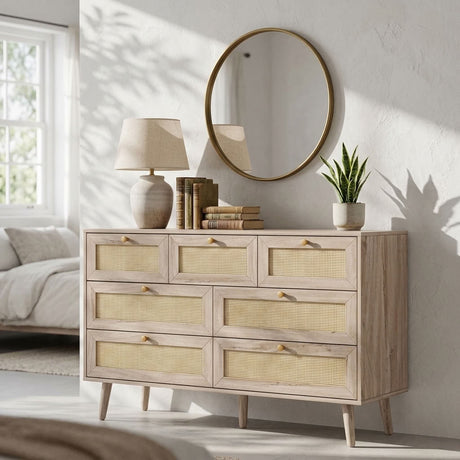 Willow 7 drawer rattan chest of drawers in oak