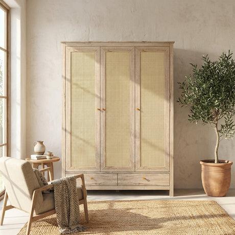 Willow Rattan 3 Door Triple Wardrobe with 2 Drawers