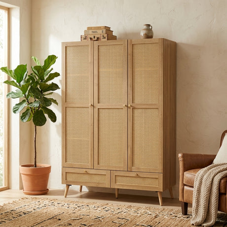 Manila rattan 3 door 2 drawer wardrobe in oak