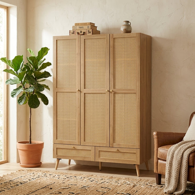 Manila rattan 3 door 2 drawer wardrobe in oak