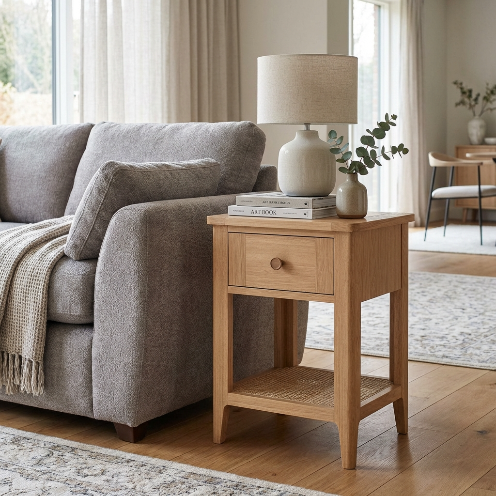 Cypress 1 Drawer Lamp Table with Rattan Shelf