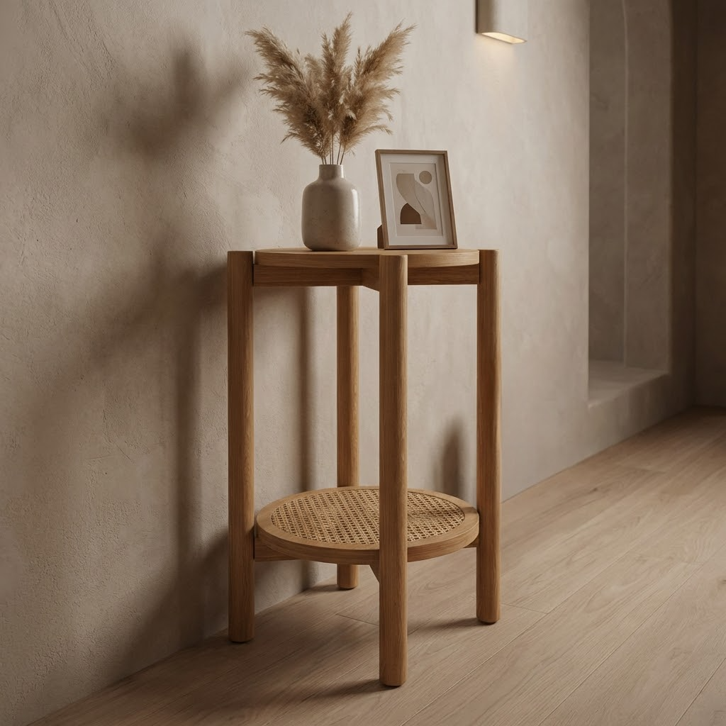 Cypress Round Side Table with Rattan Open Shelf