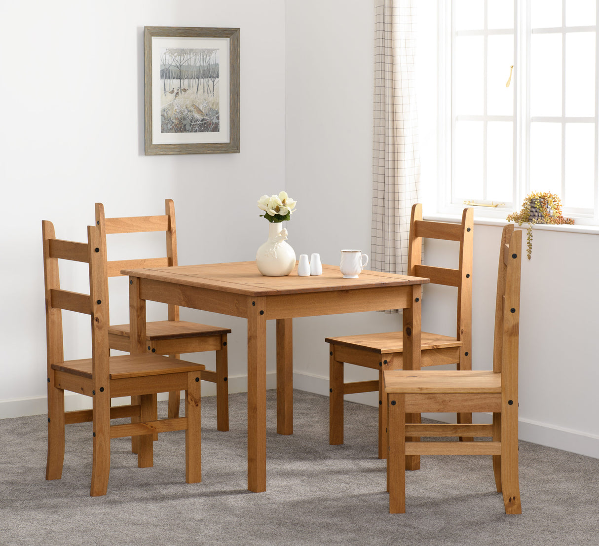 Corona Solid Pine Dining Table and 4 Chairs Set