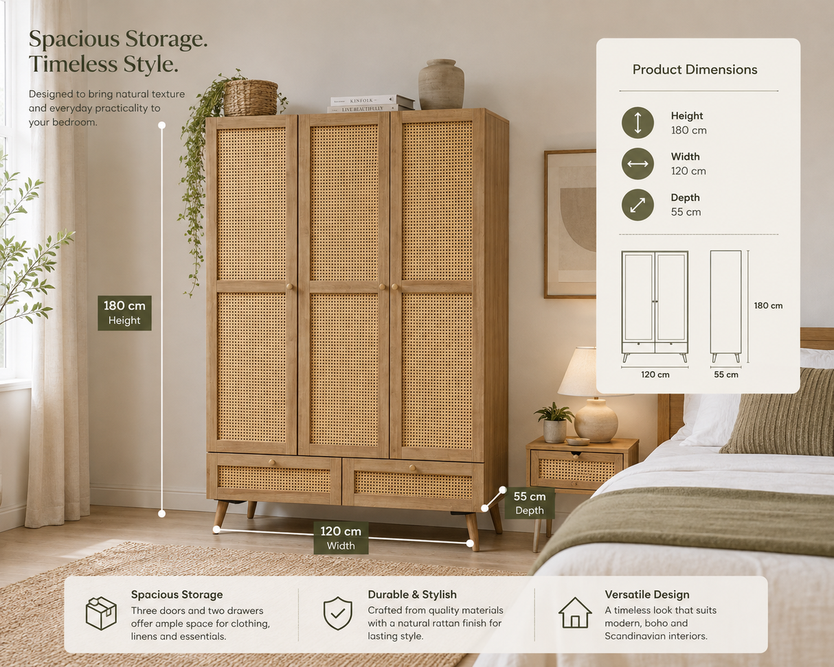 Manila rattan effect wardrobe in a modern bedroom