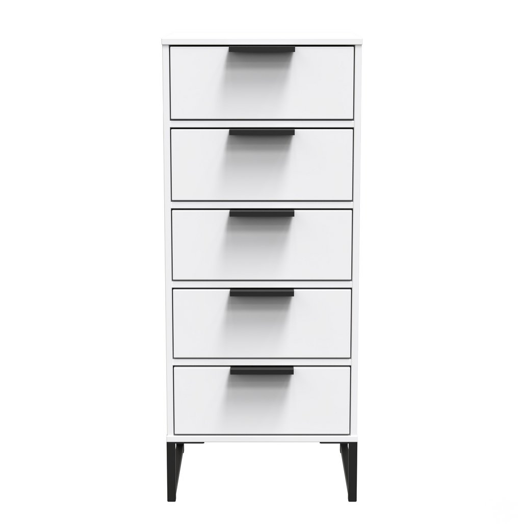 Diego 5 Drawer Tallboy Bedside Table with Black Sleigh Legs