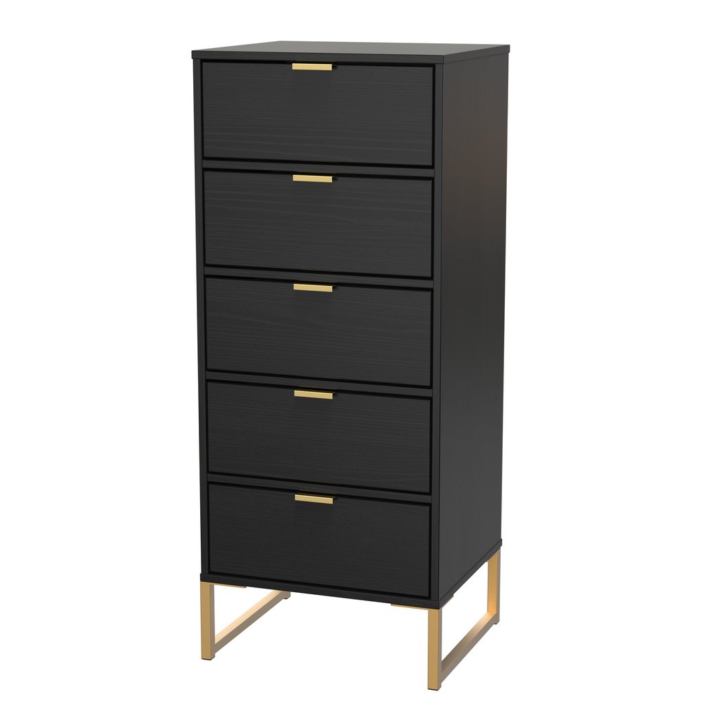 Diego 5 Drawer Tallboy Bedside Table with Gold Sleigh Legs