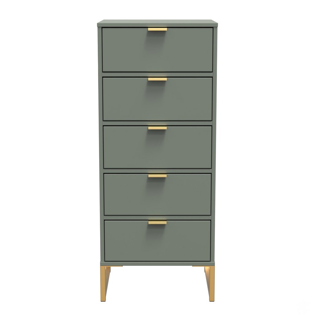 Diego 5 Drawer Tallboy Bedside Table with Gold Sleigh Legs